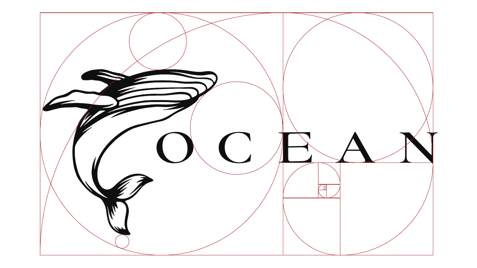 黄金比のグリッドにクジラのシンボルとロゴタイプOCEANを重ねた設計図