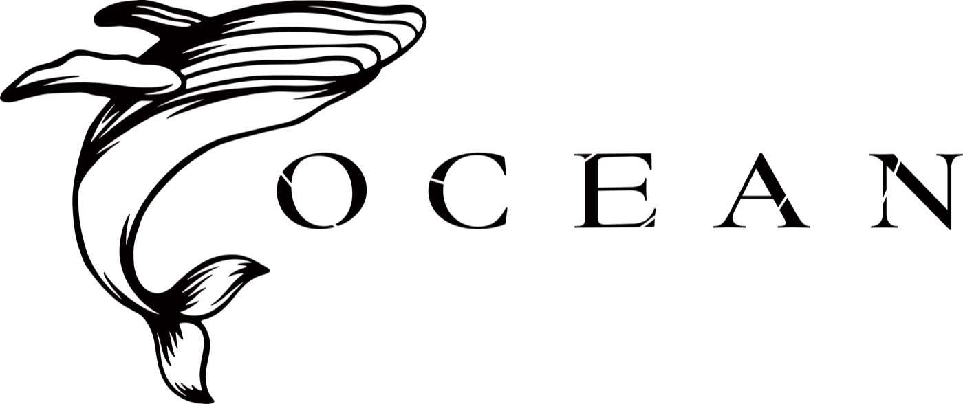 株式会社オーシャン ロゴ。深く潜るクジラの線画